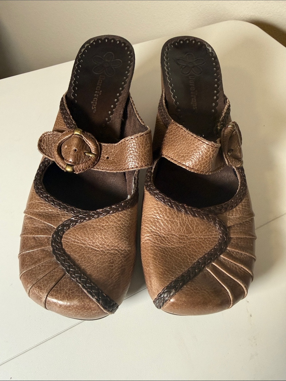 Vintage BareTraps Brown Leather Slip-On Mules with Braided Trim